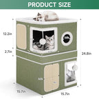2-Storey Cat House for Indoor Cats, Separate Into 2 Large Cat Bed Cave with Hideaway Condos, Scratch Pads, Hanging Balls, Foldable Indoor Cat House, Cat Cube for Multiple Cats Kitten, Green