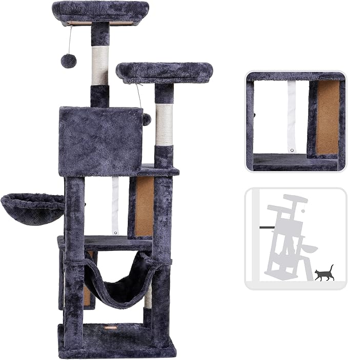 Heybly Cat Tree, Cat Tower for Indoor Cats, Multi-Level Cat Furniture Condo for Cats with Padded Plush Perch, Cozy Basket and Scratching Board, Smoky Gray HCT014G