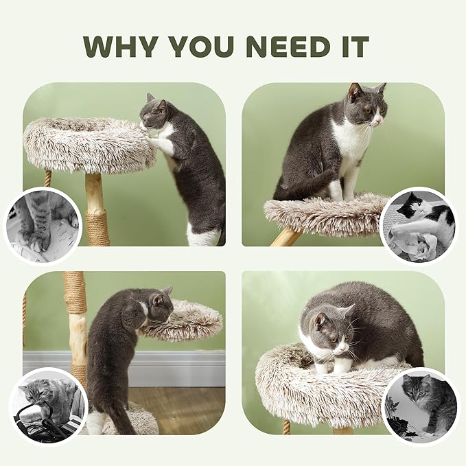 PawHut Cat Tree Tower, 35 Inch Modern Cat Tree for Indoor Adult Cats with Wooden Natural Branch Scratching Posts, Cat Bed & Rope Cat Toy, Brown