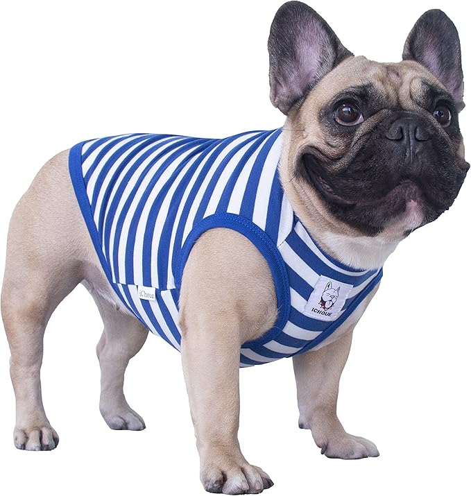 iChoue English Bulldog 100% Breathable Cotton Striped T Shirts Halloween Vest Clothes for Medium Dogs Tank Tops French Frenchie Pug Boston Terrier Pitbull White Blue Stripes - XLarge