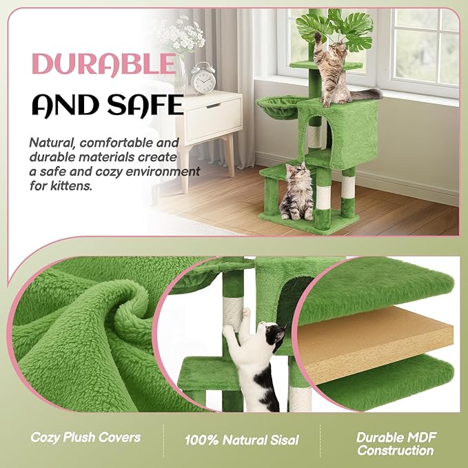 Outvita Cat Tree 48in Monstera Cat Tower with Leaves, Multi-Level Cat Tree Tower with Condo, Cozy Plush Hammock, Dangling Toy, Sisal Scratching Posts, Large Pet Activity Center for Indoor Cats, Green