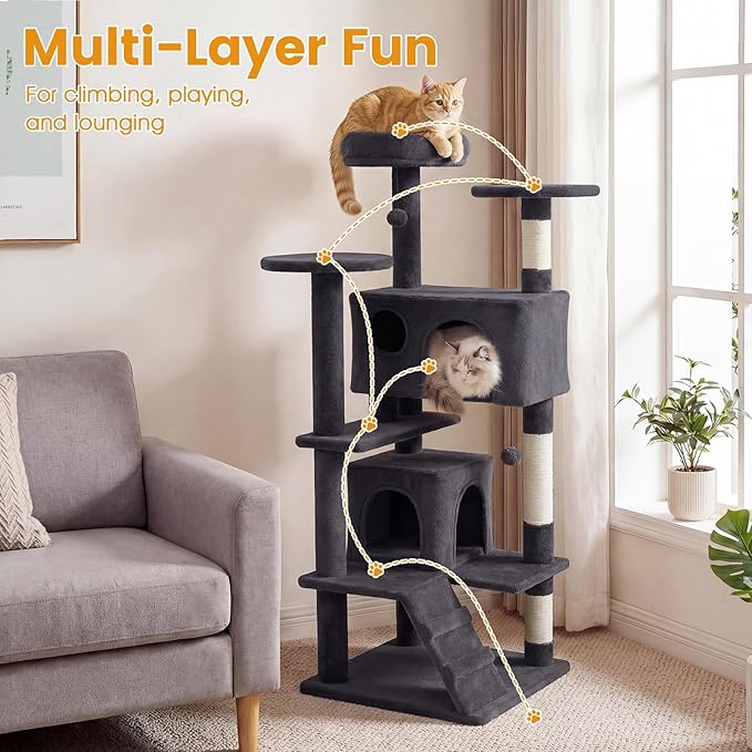 PETSITE 52-inch Cat Tree, Multi-Level Cat Tower with Sisal Scratching Posts, 2 Comfy Condos, Plush Padded Soft Top Perch, Dangling Balls, and Climbing Ladder, Ideal for Indoor Cats (Dark Grey)