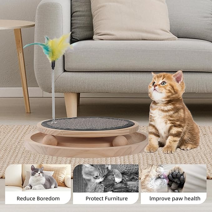 Natural Sisal Round Cat Scratcher，Interactive Cat Ball Track Toy for Indoor Cats，Cat Scratching Pads，Kitten Toys for Chasing Hunting Mental Physical Exercise Puzzle