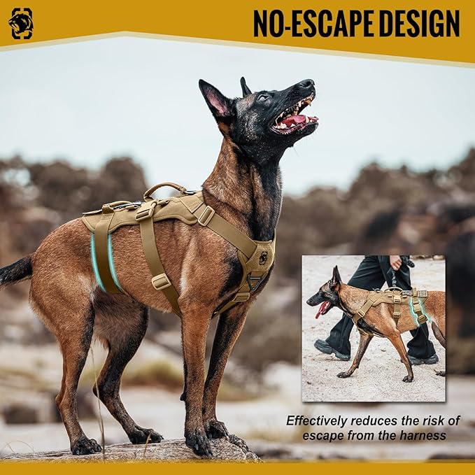 OneTigris Escape Proof Dog Harness, No Pull Dog Harness with Handles, Tactical Multi-Use Support Dogs Harnes for Large Dogs Everyday Wear Walking Hiking Training (Brown, X-Large)