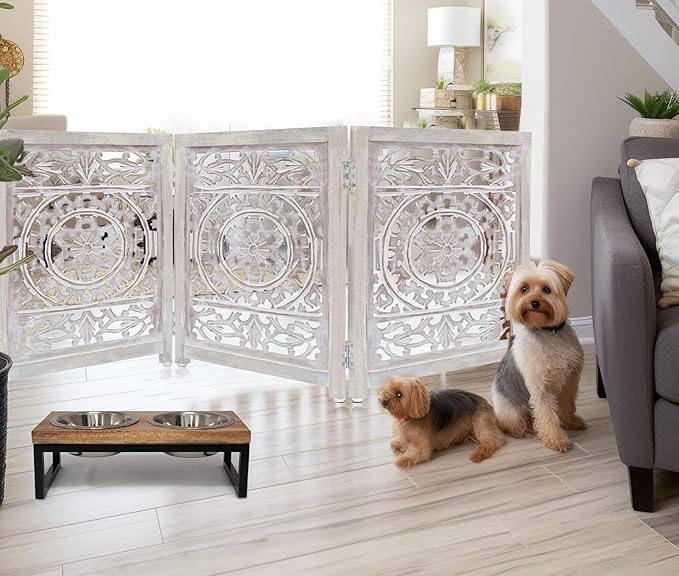 Wooden Foldable Pet Dog Safety Gate - 3 Panel 20" W x 24" H - Hand Carved Suzani Free Standing Portable Indoor Puppy Gate - Doorway Hall Stairs Dog Fence - Assembled - White Wash - IRONGATE