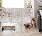 Wooden Foldable Pet Dog Safety Gate - 3 Panel 20" W x 24" H - Hand Carved Suzani Free Standing Portable Indoor Puppy Gate - Doorway Hall Stairs Dog Fence - Assembled - White Wash - IRONGATE