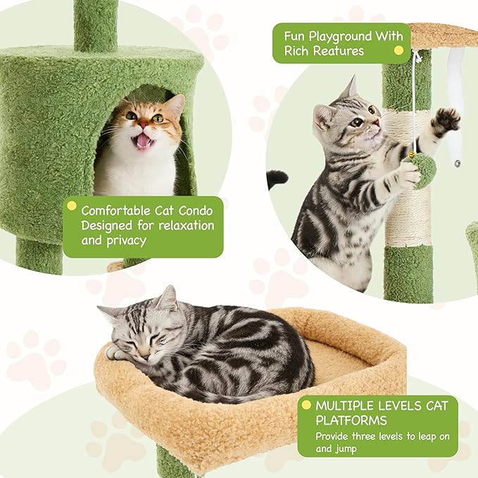 45.3-inch Multi-Level Cat Tree Tower with 3 Soft Platforms & 2 Cat Caves, Fully Wrapped Sisal Scratching Post for Indoor Cats, Dangling Toy, Green