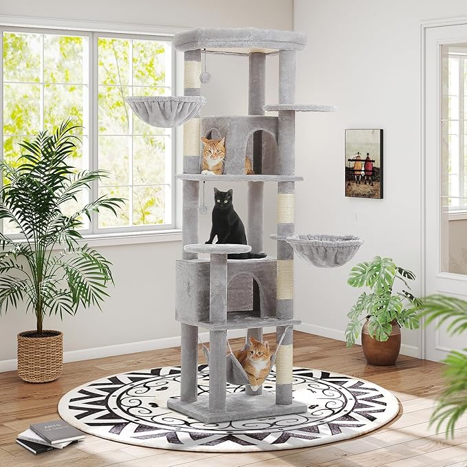 71.2 Inches Tall Cat Tree for Large Cats, Multi-Level Cat Tower with 2 Cozy Condos, Super Large Top Perch, 3 Hammocks, Sisal Scratching Posts and 2 Pompoms, Grey