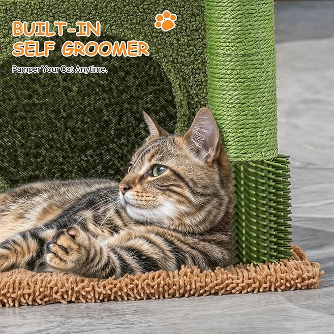 Athena Collection Small Cat Tree Tower with Scratching Post, 33.5 Inch Modern Cute Cat Tree Condo with Cozy Perch Hammock Hanging Ball for Kittens Indoor, Cactus Shade, Green
