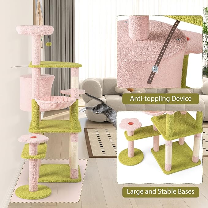 PETSITE 58-inch Flower Cat Tree, Multi-Level Cat Tower with Sisal Scratching Posts and Board, Cat Condo, Side Basket, and Dangling Balls, Cute Pink Cat Tree Tower for Indoor Cats