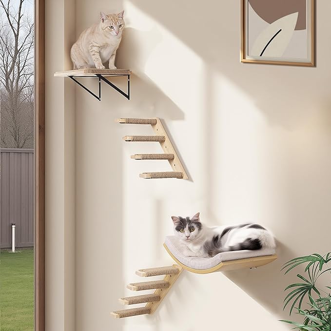 Cat Wall Climbing Shelf, 2 pcs Cat Wall Climber, 4 Step Climbing Stairs, Wall-Mounted Ladder with Sisal Scratching Rope, Perfect Wall Furniture for Perching (CatStairs2P4Steps)