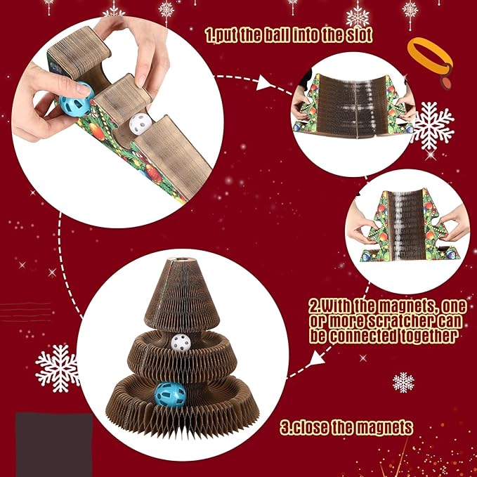 Soulchen Christmas Tree Magic Organ Cat Scratching Board, Combinable Cat Toy, Interactive Cardboard Kitty Scratcher with Bell Ball, Durable Foldable Accordion Scratch Pad, Exercise for Indoor