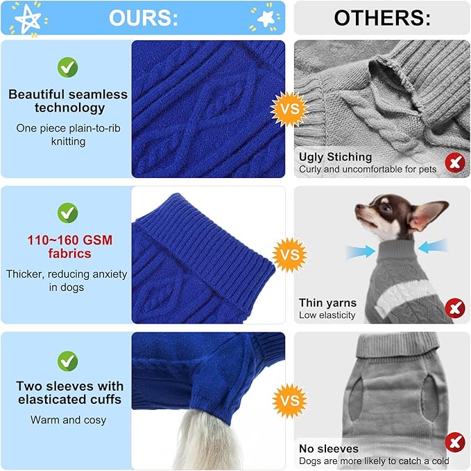 BEAUTYZOO Medium Dog Sweater Female Male, Fleece Dog Winter Sweater for Medium Girl Boy Dogs, Pink Warm Cute Puppy Pullover Sweater, Thick Turtleneck Pet Cold Weather Clothes Cable Knitwear, Blue M