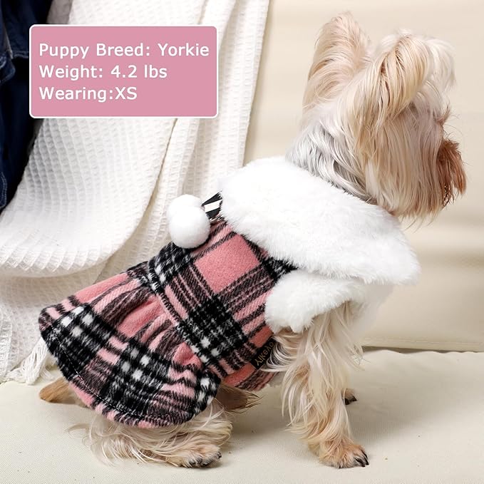 XS Dog Sweater with Leash Set D Ring Plaid Fleece Dog Clothes for Small Dogs Girl Boy Spring Pet Dress, Cold Weather Dog Coat Sweater for Chihuahua Yorkie Cat Puppy Costumes, Pink, XS