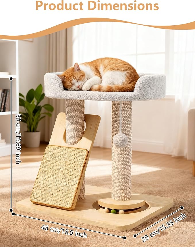 Simcat Cat Tree for Indoor Cats Large Adult, Cat Tower ower with Scratching Board/Post，Cat House with Solid Wood Turntable and Catnip Ball for Play
