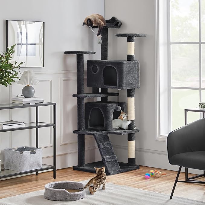 Topeakmart 70in Cat Tree, Multi-Level Cat Tower with Scratching Post Dangling Ball and Condos Cat Furniture for Indoor Cats, Black