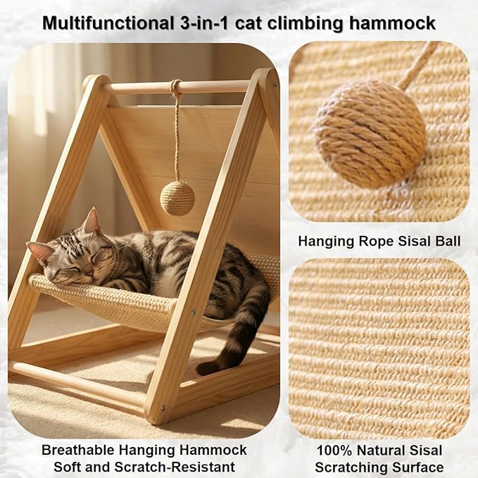Sisal Cat Scratcher Ramp with Hammock, Wooden Cat Scratching Post Vertical Cat Toy Scratch Pad for Indoor Cats Kittens, Elevated Cat Bed Furniture