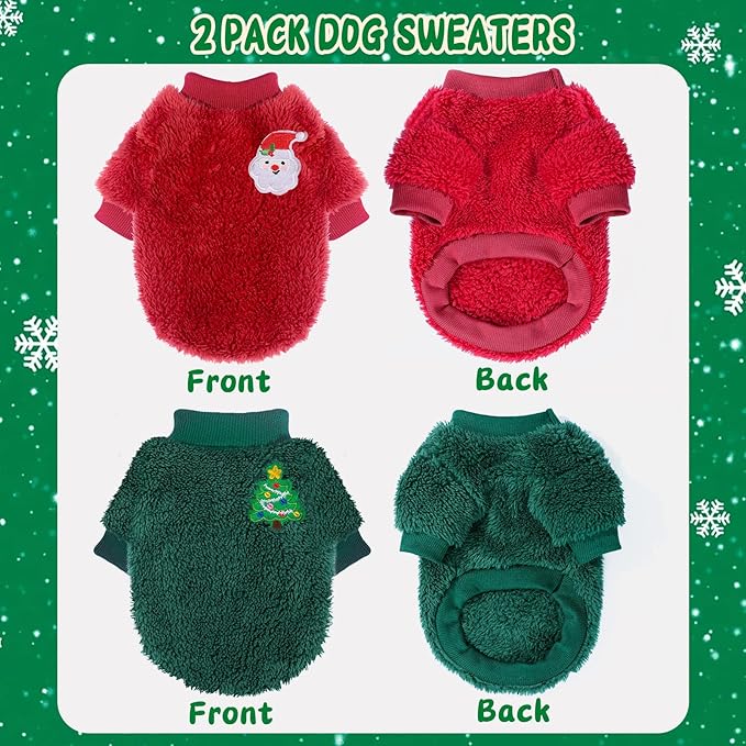 2 Pieces Dog Sweater for Small Dogs Winter Warm Puppy Sweater Fleece Cute Dog Clothes for Dogs Like Chihuahua Yorkie Thick Pet Clothing (Xmas Red, Green, Medium)
