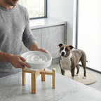 Elevated Slow Feeder Dog Bowl - Upgraded with Screwed Bamboo Stand - Ceramic Maze Dish for Fast Eaters - Raised Feeding Bowl for Medium and Large Dogs - White