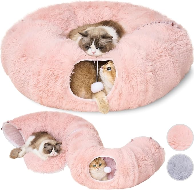 Meowfia Indoor Cat Tunnel with Donut Bed - Large Flexible Play Space for Multiple Pets - Circle or Snake Shape, Cozy Lounge (Pink)