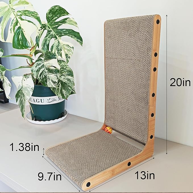 20" L-Shape Couch & Wall Cat Scratch Protector - Vertical Cat Scratcher and Scratching Post for Indoor Cats, Leans Against Furniture with Bell, Catnip & Toy Wand, High-Strength Cardboard
