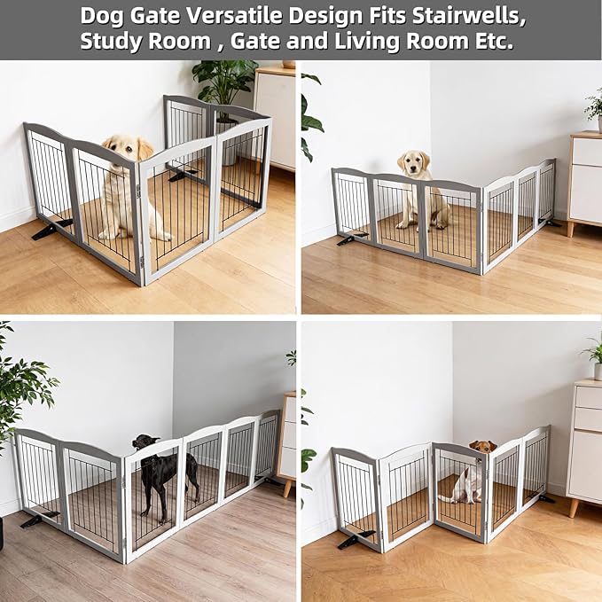 Dog Fence Indoor,Dog Gate Indoor for Doorway pet gate -6-Panel Freestanding, Hallways, House or Stairs -120x24-Inch Retractable Foldable Expandable Wood Pet by SFJC (Grey) ﻿
