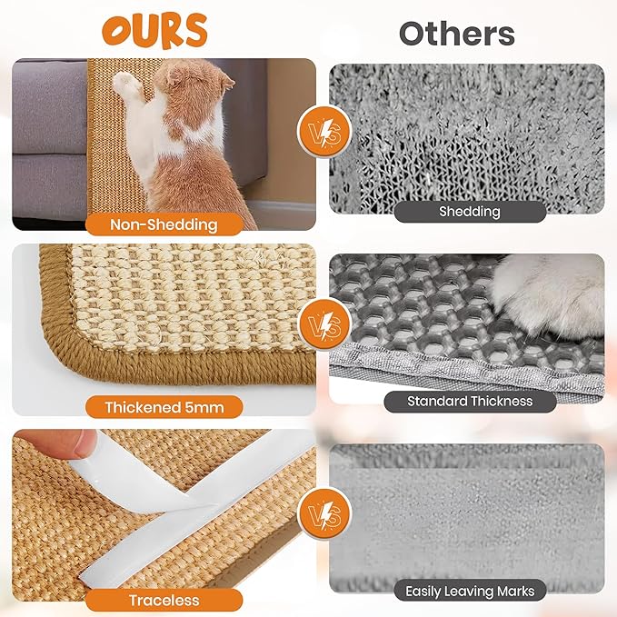 Cat Scratcher mat- Natural Sisal Cat Mat with Anti-Slip Back & Attached Sisal Mouse Toy (Natural)