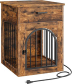 Dog Crate Furniture, Wooden Dog House with Charging Station and Storage Drawer, Indoor Pet Crate End Table for Small Breeds, for Living Room, Bedroom, Rustic Brown MGW01UFG