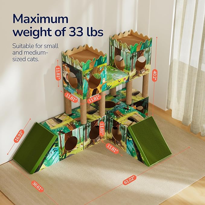 DIY Cardboard Cat House with Scratching Posts, Scratching Board, Multi-Level Cat Tower Playhouse & Tunnel for Kittens & Adult Cats, Recyclable 61.02″ × 36.61″ × 40.2″, Green Forest