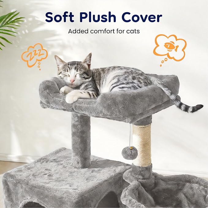 Cat Tree Tower for Indoor Cats, 36-inch Adult Cat Tree House for Large Adult Cats with Steps, Scratching Post, 2 Cat Condo, Dangling Toys, Light Grey