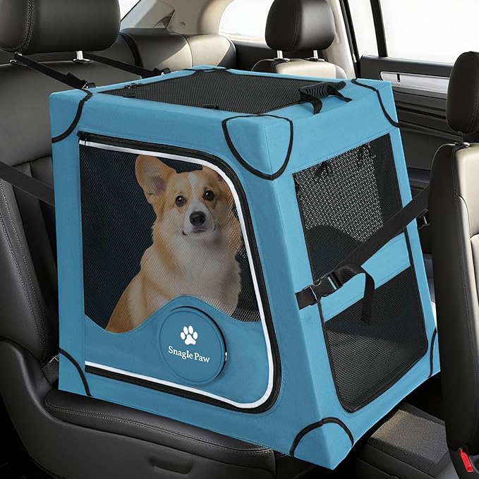 Snagle Paw Portable Dog Crate for Car Travel,Metal Frame Pet Crate,Pet Carrier for Car Back Seat Secures with Headrest Strap and Seatbelt,M
