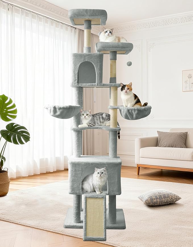 82" Tall Cat Tree,Giant Cat Tree for Indoor Cats Large Adult, Heavy Duty Cat Tree Tower, Extra Large Cat Trees with Scratching Posts, Cat Condos, Hammock,Top Perch,Ramp (Light Grey)