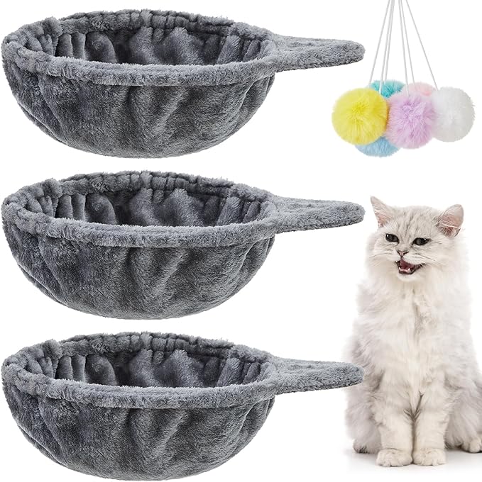 3 Pack 14.6" Large Cat Tree Hammock Basket Bed Lounger Tower Replacement Parts with 6 Pcs Hanging Elastic Strings Pom Pom Toys, Cat Tree Accessories Hammock Attachment (Gray)