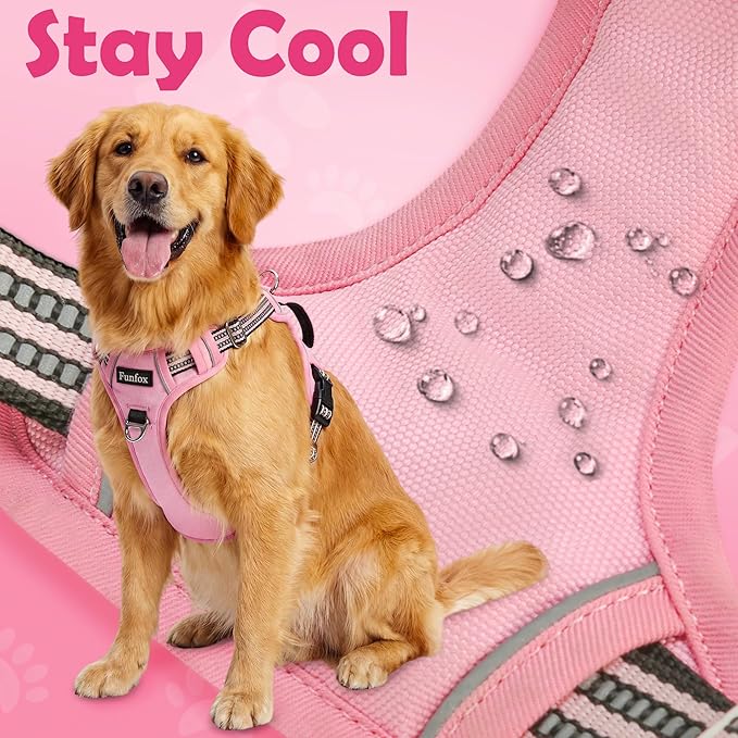 Funfox Dog Harness No Pull, Adjustable Pet Vest Harness, Super Soft Material with Vertical Handle Easy Control, Reflective Night Walking, 2 Leash Clips for XLarge Dogs, Pink, XL