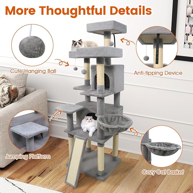PETSITE Multi-Level Cat Tree, 65 Inches Tall with Sisal Scratching Posts, Condos, Rotatable Cat Basket, Dangling Balls, and Sisal Ladder, Ideal for Indoor Cats to Play and Rest (Grey)