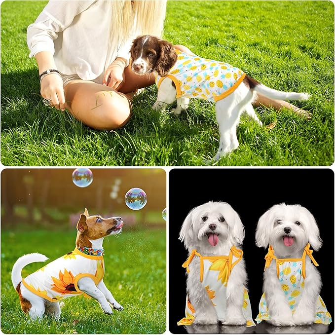 Frienda 4 Pieces Dog Clothes Set Include 2 Pcs Cute Pet Dress Lovely Dog Dress and 2 Pcs Breathable Pet T Shirt Puppy Clothes(Pineapple, Sunflower,Large)