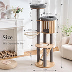 797Audio Wood Modern Cat Tree, 61.5" Tall Cat Tower with Sisal Scratching Posts, Cat Condo, Capsule and Ladder, Solid Wooden Aesthetic Multi-Level Cat Climbing Tree for Large Adult Indoor Cats-Gray