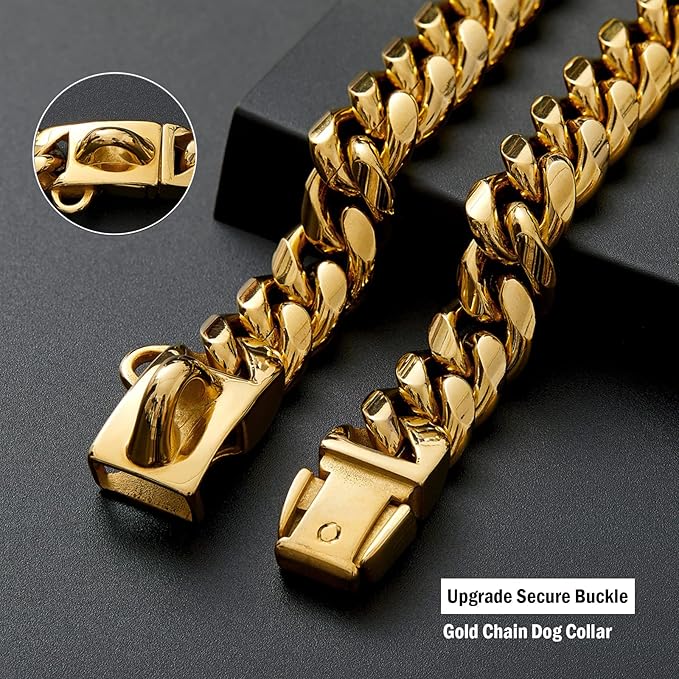 Strong Stainless Steel Gold Dog Collars with Safety Buckle Lock,14MM Cuban Link Chain Training Collar,Dog Necklace Walking Collar for Small Dogs - 10''