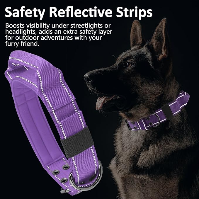 Tactical Dog Collar with Control Handle, Military Adjustable Pet Collar Reflective Heavy Metal Buckle Dog Collar, Soft Nylon Training Collar for Medium Large Dogs (Purple, Medium)