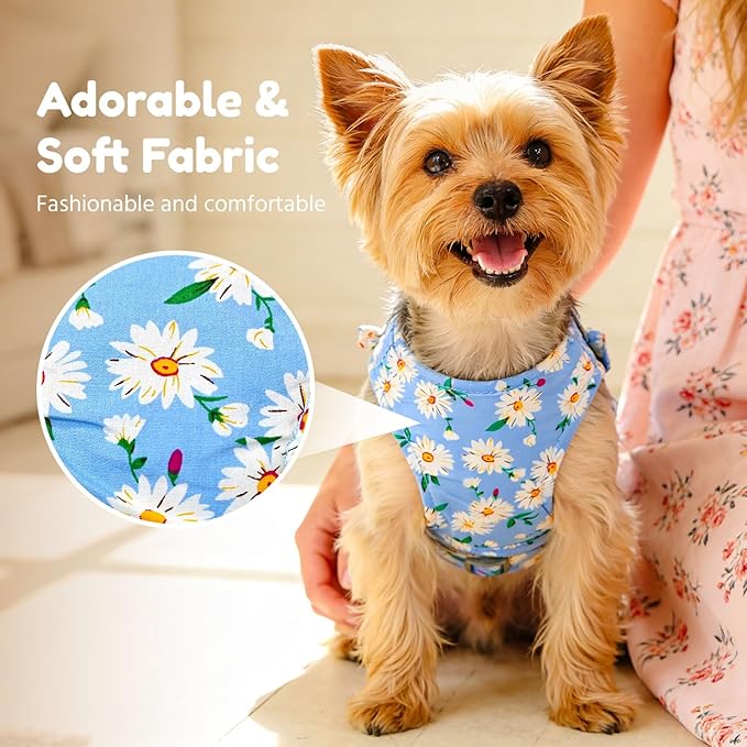BAEJMJK Dog Harness and Leash Set with Bow Knot No Pull Pet Daisy Floral Harness with D-Ring Soft Mesh Dog Harness Vest Set Escape Proof Princess Puppy Harness for Small Girl Dogs Cats（Blue B XS）