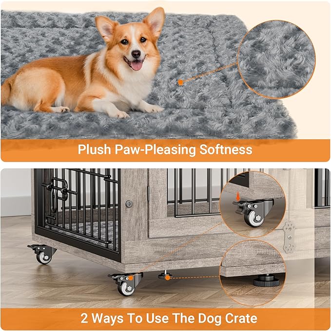 Lulive Dog Crate Furniture for Medium Dogs, 32'' Dog Kennel Indoor with Cushion & Wheels Wooden Dog Cage Double Doors Dog Crate End Table, Grey