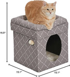 MidWest Homes for Pets Feline Nuvo Curious Cat Cube, Foldable Cat Hideout with Toy, Bolstered Bed Top, Mushroom Diamond, Faux Fur