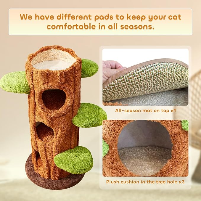 47.2'' Luxury Natural Cat Tree for Indoor Cats, Multi-Level Cat Tower with Scratching Post, Solid Wood Cat Condo for Multi-cat Families (Brown)