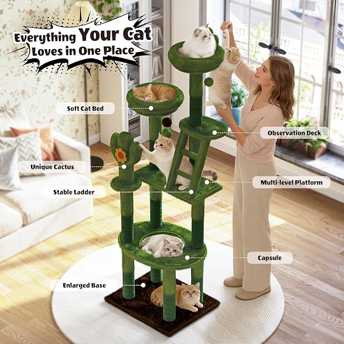 Cat Tree, 72in Indoor Cactus Cat Tree with Transparent Capsule, Sisal Scratching Posts, Plush Perches and Interactive Toys for Kittens and Large Cats, Green