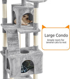 Yaheetech XL Cat Tree, 72in Multi-Level Cat Tower with 2 Cozy Caves, 3 Soft Perches, Scratching Posts, Board, and Dangling Ball, Pet Furniture Play House for Kittens/Cats, Light Gray