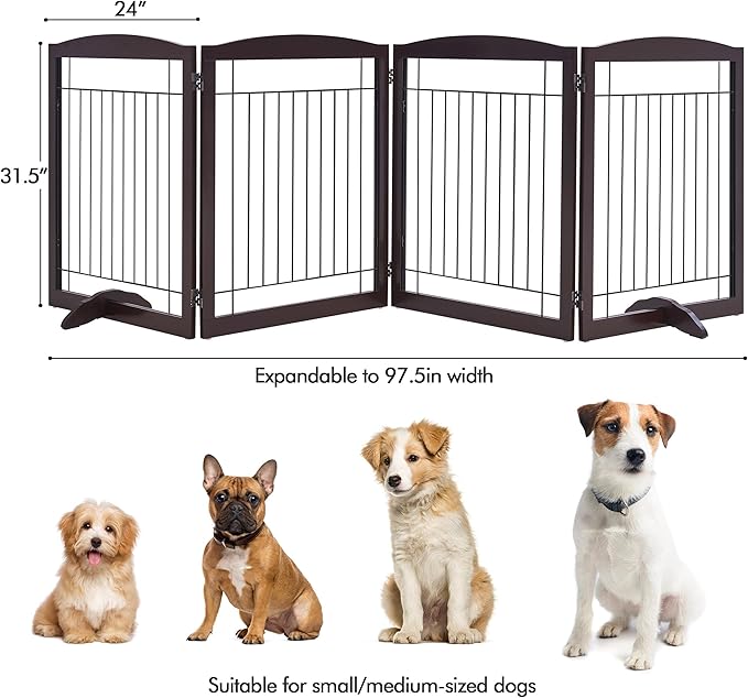 Yaheetech Extra Wide Dog Gate Freestanding Pet Gate for Dogs,Foldable Puppy Fence with Support Feet Suitable for Doorway, Stairs,98 in Wide 32 in Tall (4-Panel,Espresso)