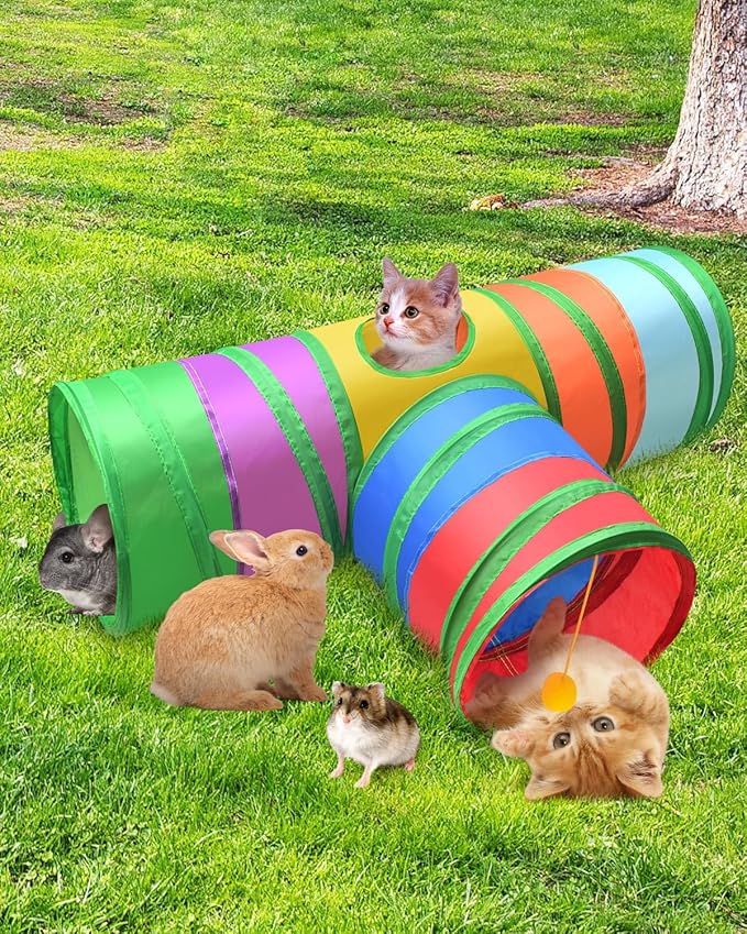 Bissap Rabbit Tunnel, 9.8'' Collapsible Bunny Tunnel and Tube 3 Ways Pet Hideout with 1 Play Ball for Indoor Kittens Dwarf Rabbit Bunny Guinea Pig Chinchilla Small Animal Activity Fun Toy (Rainbow)