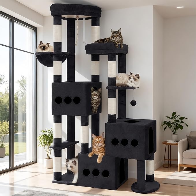 Cat Tree for Large Adult, 71.7'' Tall Cat Tower for Indoor Cats, Sturdy Heavy Duty Cat Tree Tower for 20 lbs+Cats, 3 Big Cat Condos, 10 Scratching Posts, 3 Platforms, Drak Gray GCT036G