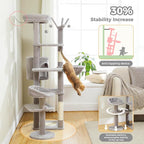 Large Cat Tree for Indoor Cats, 59" Tall Cat Tower with 3 Removable Pompom Sticks, Spacious Condo, Large Hammock and Scratching Posts, Sturdy Play House for Large Cats, Grey