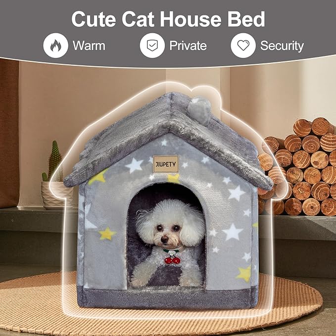 JIUPETY Cute Cat Beds for Indoor Cats, Foldable Cat House with Non-Slip Bottom, S Size Kitten Bed for 0-6 Lb Dogs and 0-8 Lb Cats, Grey